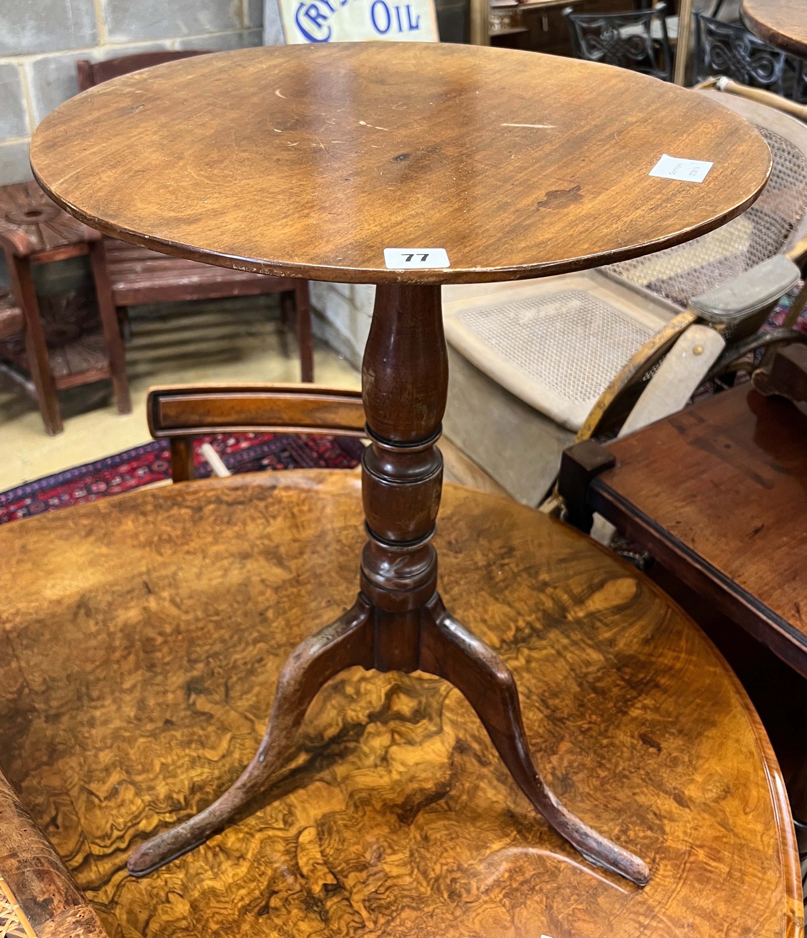 A George III mahogany circular top tripod wine table, diameter 50cm, height 69cm